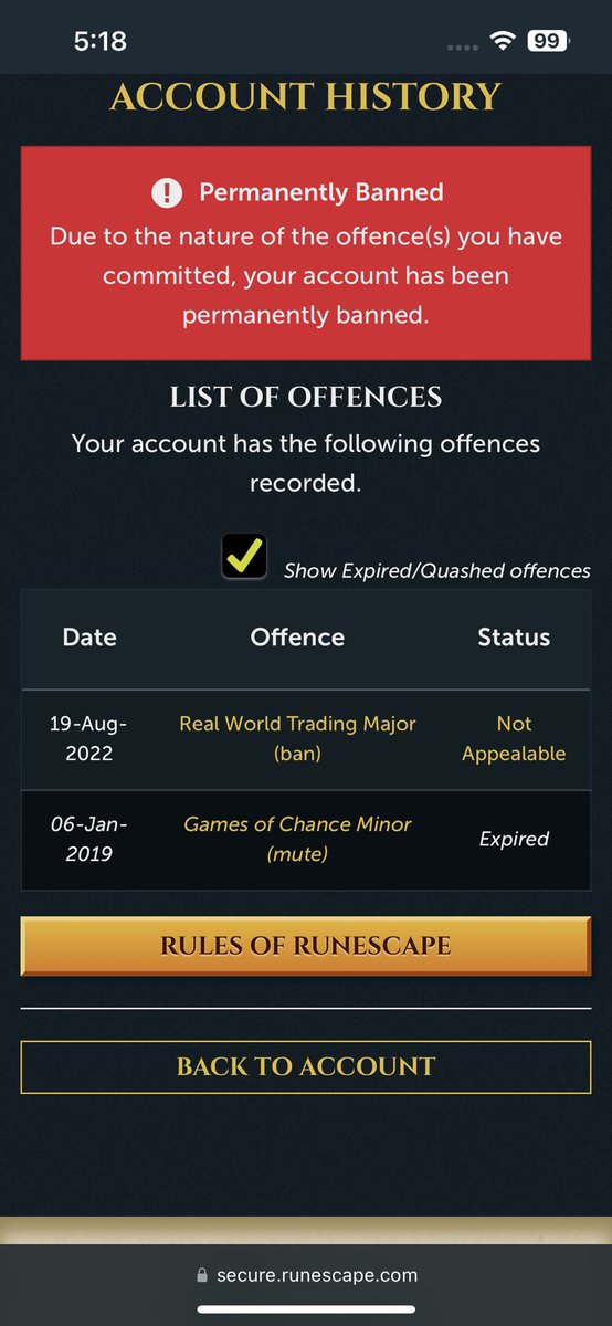 joshsharp92's tweet photo. Last attempt before giving up completely and not touch the game again. Could you guys actually please look into this. I’ve never sold gold I was death matching in a clan and get a rwt ban. account was almost maxed out. @JagexSupport @Jagex @JagexKieren @JagexTwisted https://t.co/0czJ9Ty7SH