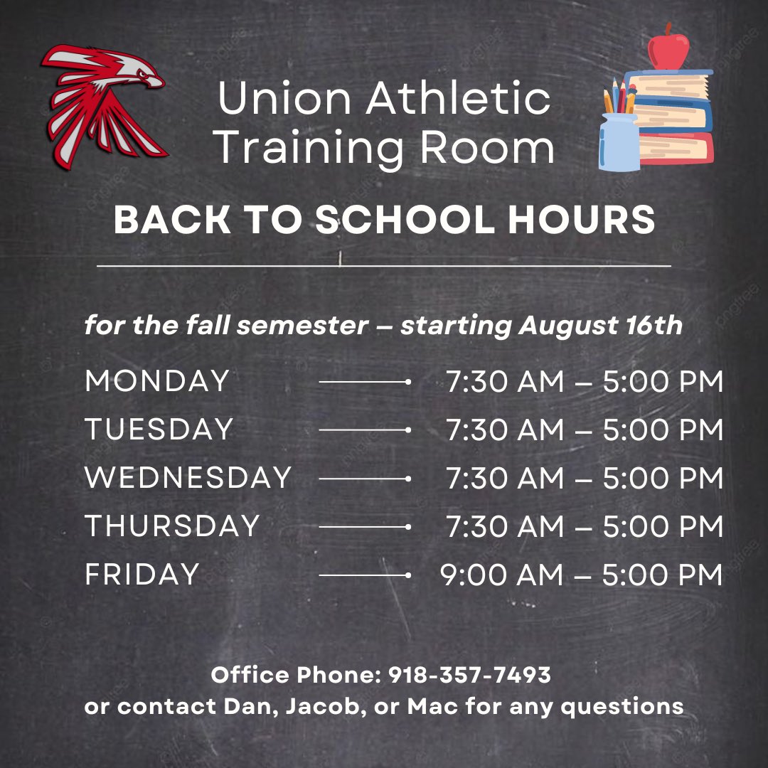 It’s that time of year already! Back to school! ✏️📚

Here are the hours for the UMAC Athletic Training Room for the fall semester. Let’s have a great year, Redhawks!