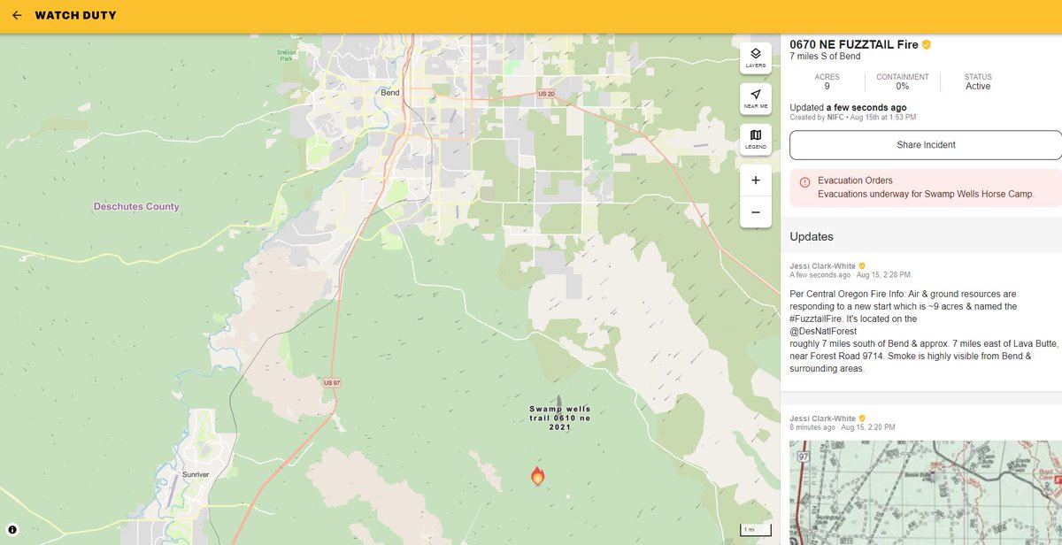 WenningWx's tweet photo. The new #FuzztailFire is located 5 miles south of Bend and 7miles east of Lava Butte. It is estimated at ~9 acres with no containment reported. Smoke is visible from Bend and the surrounding areas. #ORwx https://t.co/HayLX0P6uh