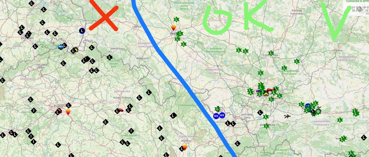 SP9DLM's tweet photo. If you want to build an #APRS network based on #IGate whose sole purpose is to show your position on the map, the #Aprsdroid application is enough. The correct operation of the network is based on radio transmission. More green star, less black diamond.#lora #loraaprs #aprslora https://t.co/NJQvHcPwmP