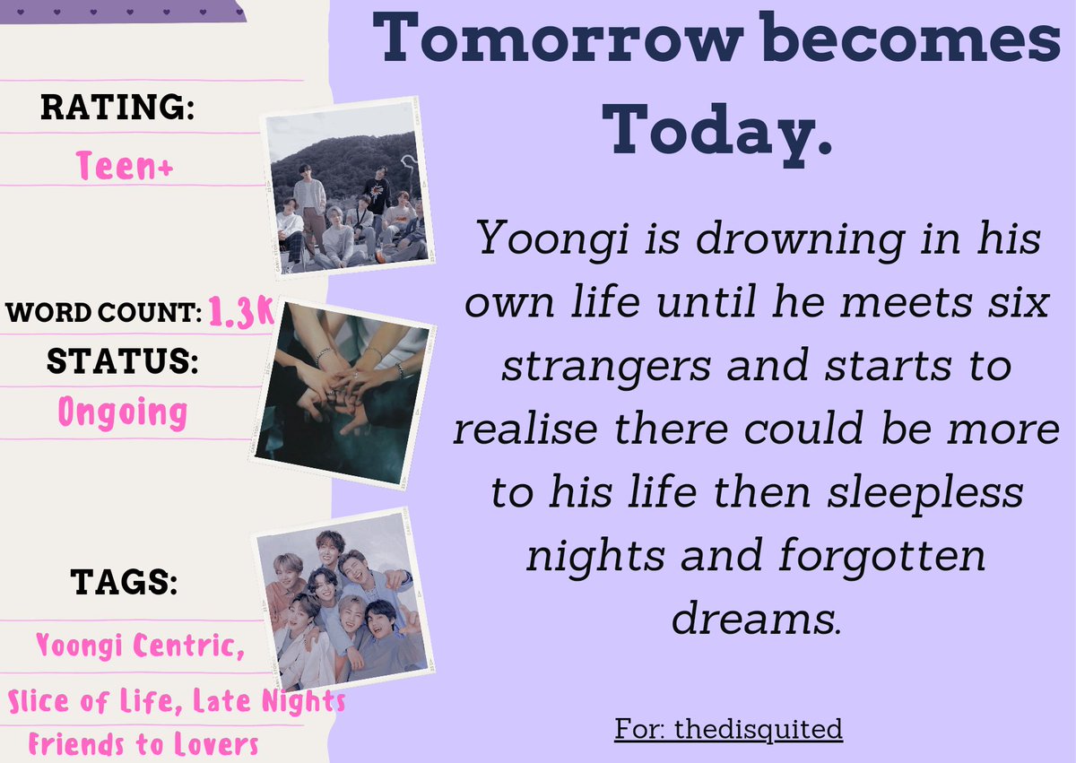 BTS Gift Exchange | AUTHOR REVEALS (@btsficexchange) on Twitter photo °˖✧ Tomorrow becomes Today ✧˖°
➸ Teen+ | 1.3k | Ongoing
➸ for <a href="/thedisquite/">thedisquite</a>
🖇️ archiveofourown.org/works/49207867… °˖✧ Tomorrow becomes Today ✧˖°
➸ Teen+ | 1.3k | Ongoing
➸ for <a href="/thedisquite/">thedisquite</a>
🖇️ archiveofourown.org/works/49207867…