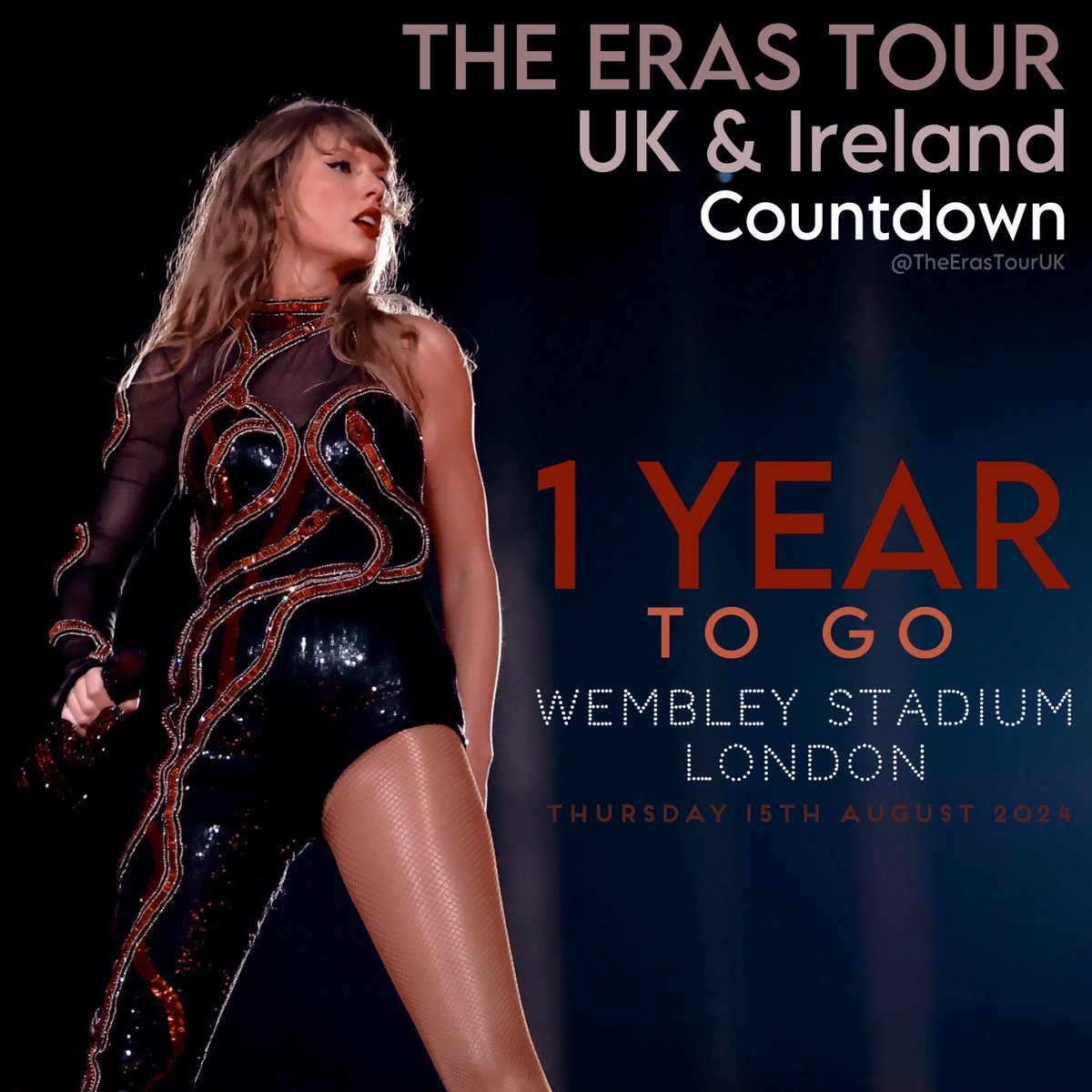 TheErasTourUK's tweet photo. 📆 One year from today, Taylor Swift will be returning to Wembley Stadium, London for the closing weekend of the Eras Tour in the UK &amp; Ireland!

Who will be seeing @TaylorSwift13 at the closing weekend shows? https://t.co/ihCSyMsS5K