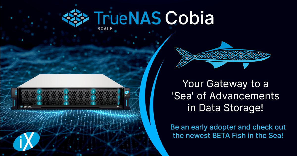 TrueNAS's tweet photo. TrueNAS SCALE Cobia - your gateway to a 'sea' of advancements in data storage! Be an early adopter and check out the newest BETA Fish in the Sea!

https://t.co/V7hHhujYXd https://t.co/vEr35UEwbl