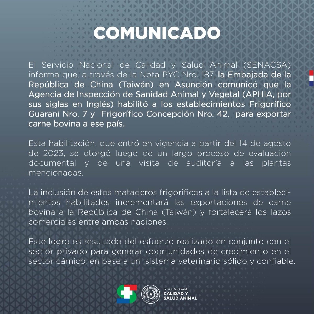 nanduti's tweet photo. #AHORA | Paraguay exportará carne bovina a Taiwán 

@SENACSA informó la autorización de dos establecimientos habilitados para realizar los envíos. #1020AM https://t.co/Jz1IUaeJfG