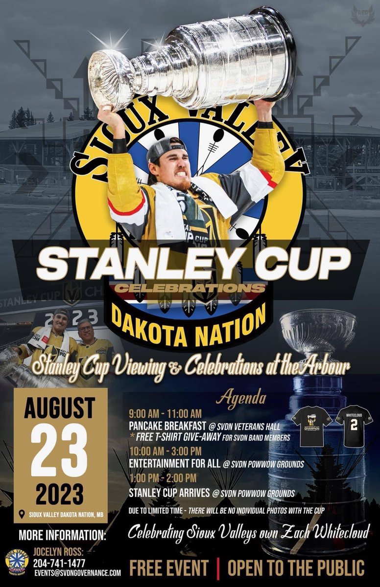HKYIndigenous's tweet image. ICYMI: Sioux Valley Dakota Nation will be welcoming thier very own Zach Whitecloud and the Stanley Cup! See poster for further details. 🪶🏒