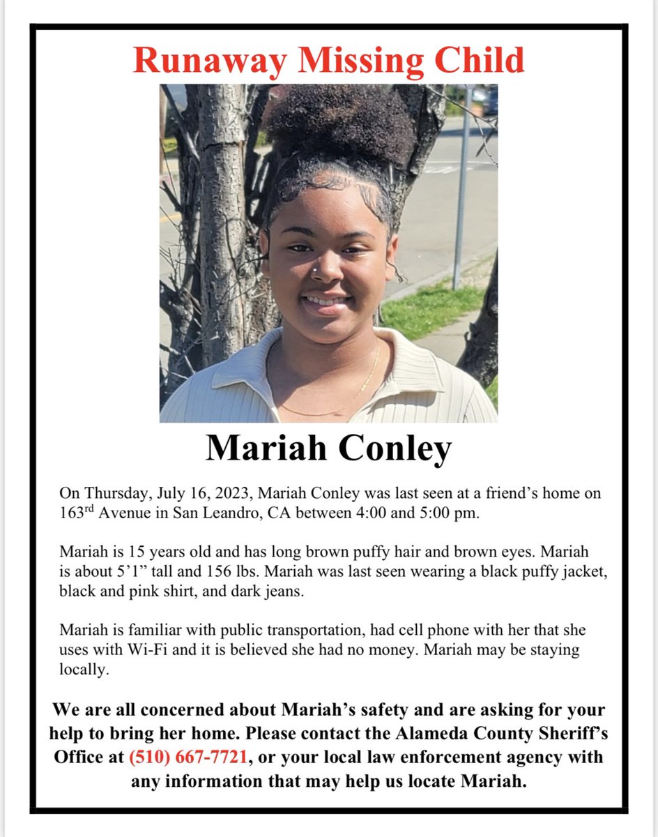 ACSOSheriffs's tweet photo. Please help us find Mariah Conley, who left home on July 13, 2023, to stay at a friend’s home. Her family was initially in touch with her but ultimately lost contact with her around August 13, 2023. 

Please help us get her home. 

#PleaseShare https://t.co/nNPAxrMH3I