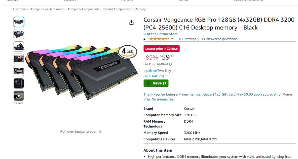 SaveMoneyAIO's tweet image. Huge price glitch happened last night via amazon.

128GB of Corsair RGB ram fell down to $60.
Retail on this was $350+

All members where notified right away resulting in many ordering 3x
That is $1000+ profit each order. Members cooked this one up.