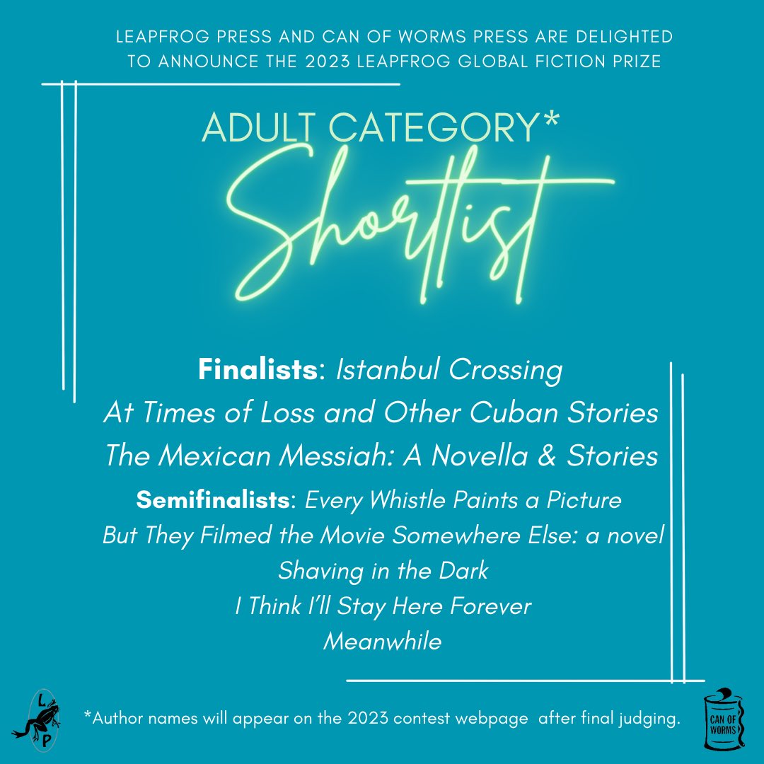 Congratulations to the #lpgfprize shortlist and our honourable mentions. Final judge to be announced shortly. @ConsortiumBooks @CanOfWorms #fictionprize