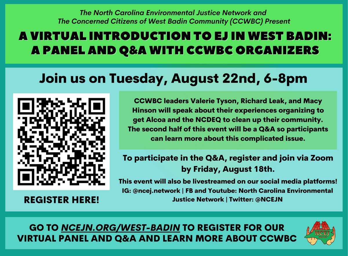 Take back the narrative from the corporations! Come to our Panel and Q&amp;A with Concerned Citizens of West Badin Community organizers and community advocates next Tuesday, August 22, at 6pm! Register here: us02web.zoom.us/webinar/regist… and go to ncejn.org/west-badin for more info!