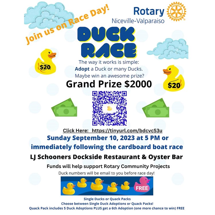 NicevilleRotary's tweet photo. Niceville Valparaiso Rotary Club - 2nd Annual DUCK RACE!  Sunday, September 10, 2023 at 5pm or immediately following the Cardboard Boat Race!
#rotary #duckrace #communityiseverything https://t.co/zKkPBY88sY