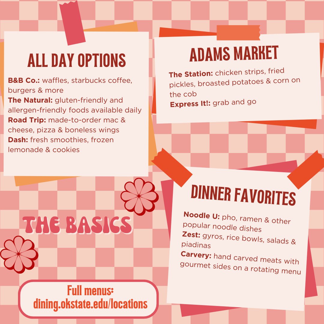 North Dining and Adams Market provide a wide range of dining options to students near the University Commons. Check out a quick overview of the menus and check the link below for more details!
🍴 okla.st/3SwfFG0 

#okstate #okstate27
