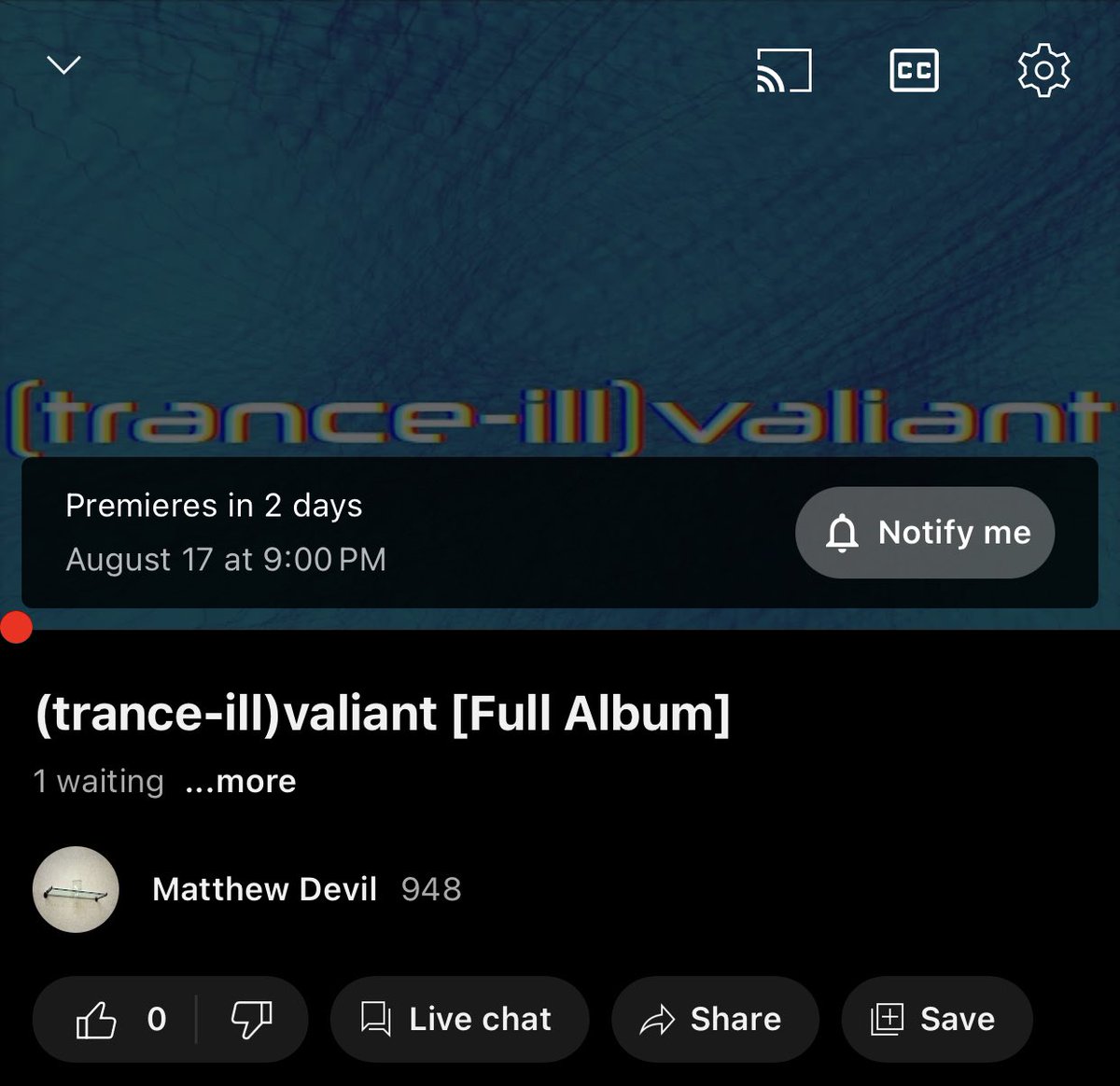 (trance-ill)valiant
is dropping on bandcamp &amp; youtube (and streaming i think?🤞) this friday 8/18
youtube will premiere a lil earlier as shown here