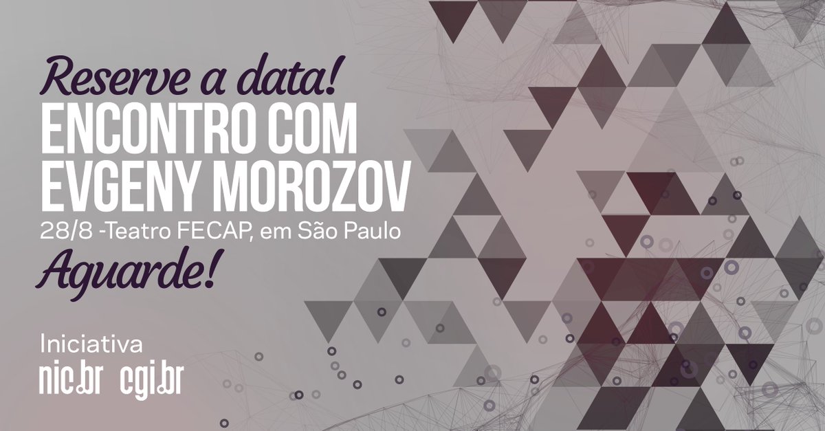 ANOTE NA AGENDA: dia 28/8 temos um encontro marcado com <a href="/evgenymorozov/">Evgeny Morozov</a>! 
O aclamado autor de obras que são referências para a reflexão sobre Internet, fará um bate-papo aberto ao público na FECAP (SP), uma iniciativa do NIC.br|https://t.co/ekG2ZyFBko