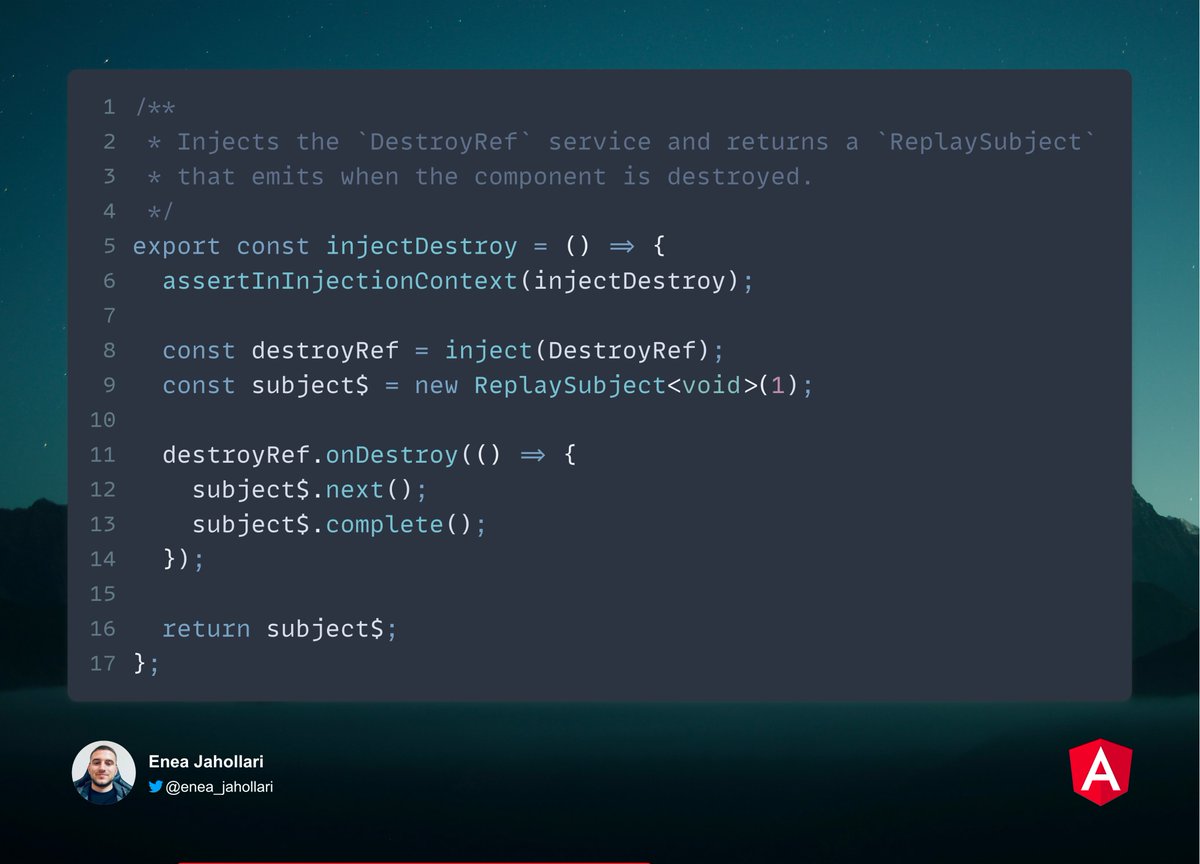 Enea_Jahollari's tweet photo. Yes, takeUntilDestroyed is great but it’s not easy to migrate code to it. You either need to pass DestroyRef to it or use it in an injection context.

I already had a lot of destroy$ = new Subject<void>(); in my codebase and called next() and complete() in ngOnDestroy.

So, I created a helper function called injectDestroy to create a destroy$ subject that would complete on destroy and this way I was able to remove almost every ngOnDestroy on my components.

Take a look at the before and after! 

#angular
