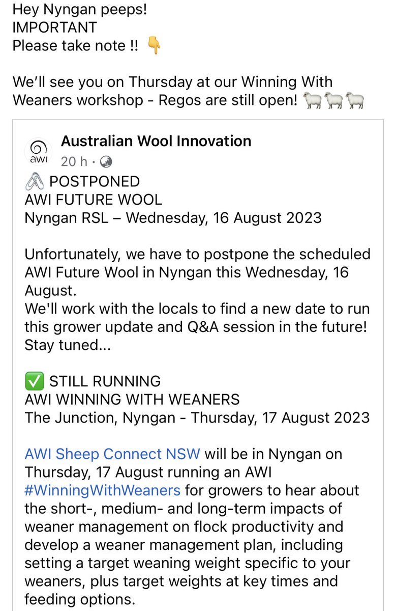 Hey Nyngan unfortunately Future Wool has been postponed but we are still super excited 🤩 to bring you a Winning With Weaners Workshop this Thursday! 🐑