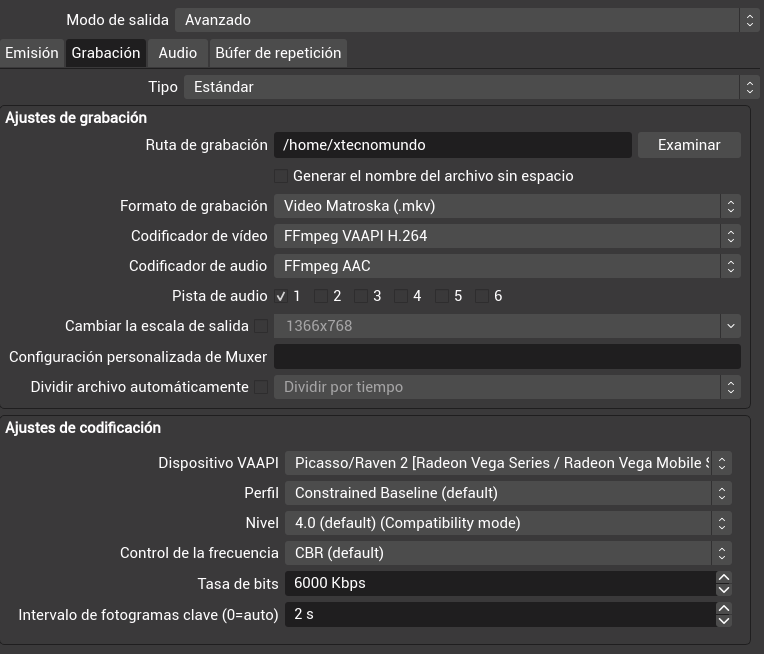 4Sentinell's tweet photo. Configuracion #OBS en #EndeavourOS con #FFmpeg #VAAPI lo cual permite que el programa trabaje con la grafica, dejandole el consumo de CPU al procesador. https://t.co/rnEi7rGf2t