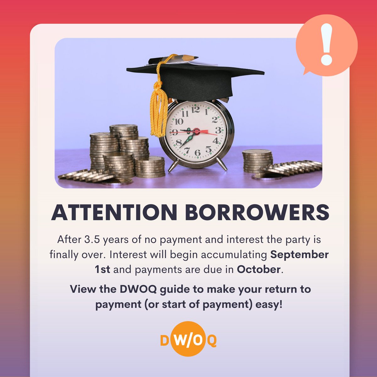 docswoquarters's tweet photo. 📢 Attention all borrowers: The student loan payment hiatus is ending. Starting Sep. 1, interest will accumulate &amp; payments are due in Oct. 

Transitioning back can be confusing, we've crafted a simple guide at https://t.co/khl3oAStJl

#DWOQ #tildebtdouspart #studentloans https://t.co/4dgROb632t