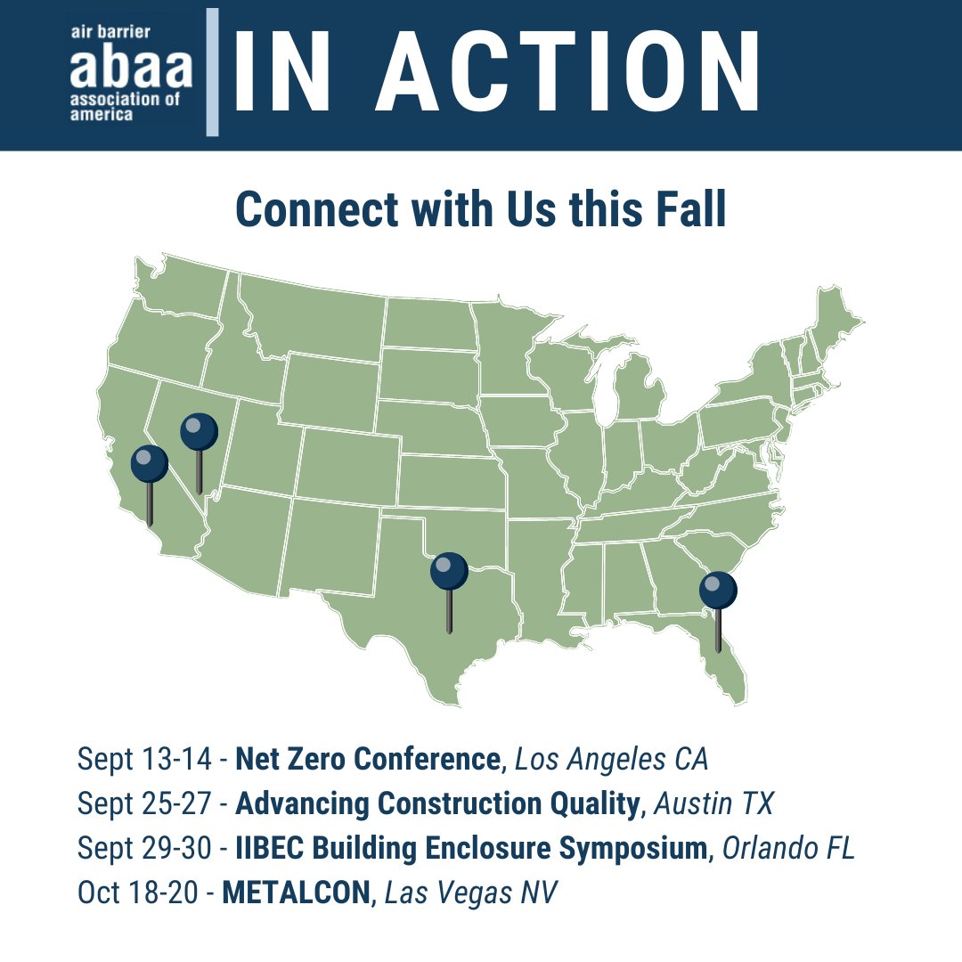 We can't wait to connect with you this fall! ABAA will be at several conferences and symposiums.

We hope to see you there!

#airbarrierassociation #exhibitor #fall2023 #airbarrier