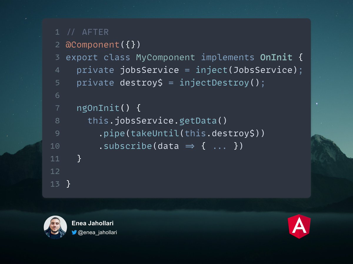 Enea_Jahollari's tweet photo. Yes, takeUntilDestroyed is great but it’s not easy to migrate code to it. You either need to pass DestroyRef to it or use it in an injection context.

I already had a lot of destroy$ = new Subject<void>(); in my codebase and called next() and complete() in ngOnDestroy.

So, I created a helper function called injectDestroy to create a destroy$ subject that would complete on destroy and this way I was able to remove almost every ngOnDestroy on my components.

Take a look at the before and after! 

#angular