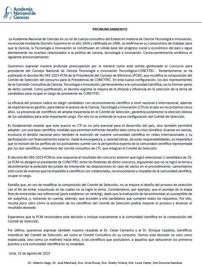Compartimos un pronunciamiento y nuestra profunda preocupación por la  manera como está siendo gestionado el Concurso para presidente del  Consejo Nacional de Ciencia Tecnología e Innovación Tecnológica-CONCYTEC  y sobre la reciente publicación del decreto No 093-2023-PCM.