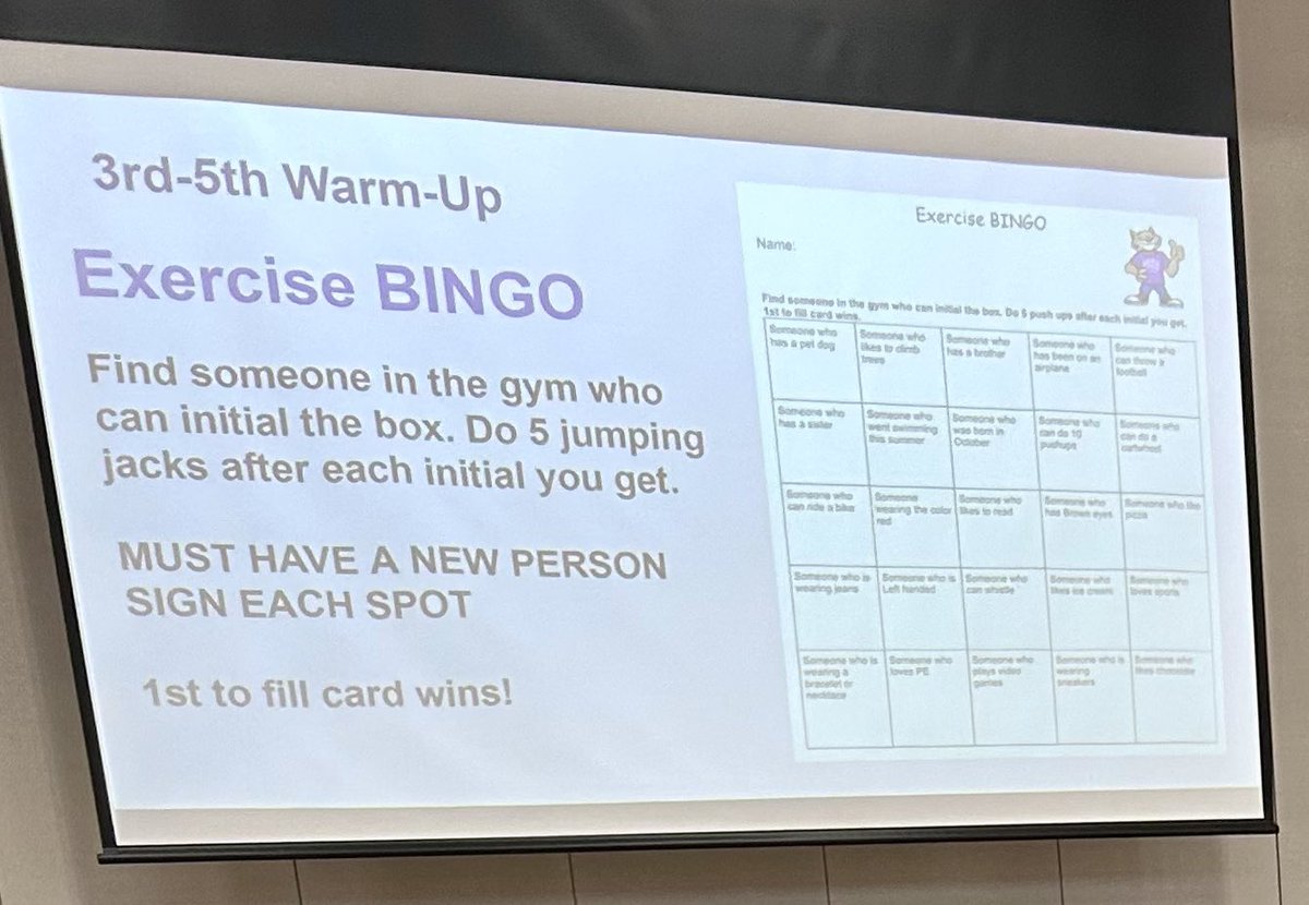 Exercise BINGO!! 

Thank you to our amazing counselors <a href="/mrs_counselor/">Connie Curtis 🔺</a> &amp; <a href="/MrsAlanisLLE/">Mrs. Alanis</a> for this idea! Students are getting to know their classmates in a fun and interactive way!💜🐾 #WildcatProud
