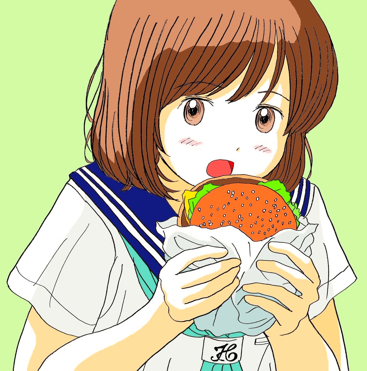 1girl solo food burger brown hair school uniform brown eyes  illustration images