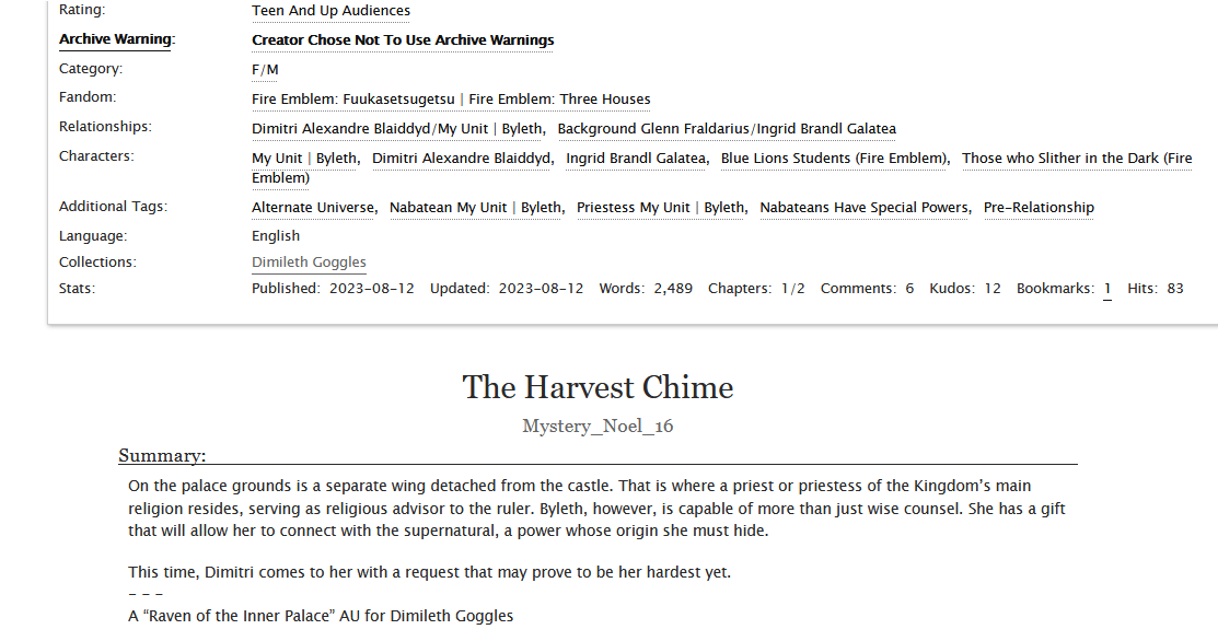 MysteryNoel16's tweet photo. Posted the first chapter for #DimilethGoggles over the weekend, but wasn't able to post here until today. So, the first chapter of "The Harvest Chime" is up to read, and will hopefully soon be joined by the rest! [Raven of the Inner Palace AU] https://t.co/jrvVcD92JD
