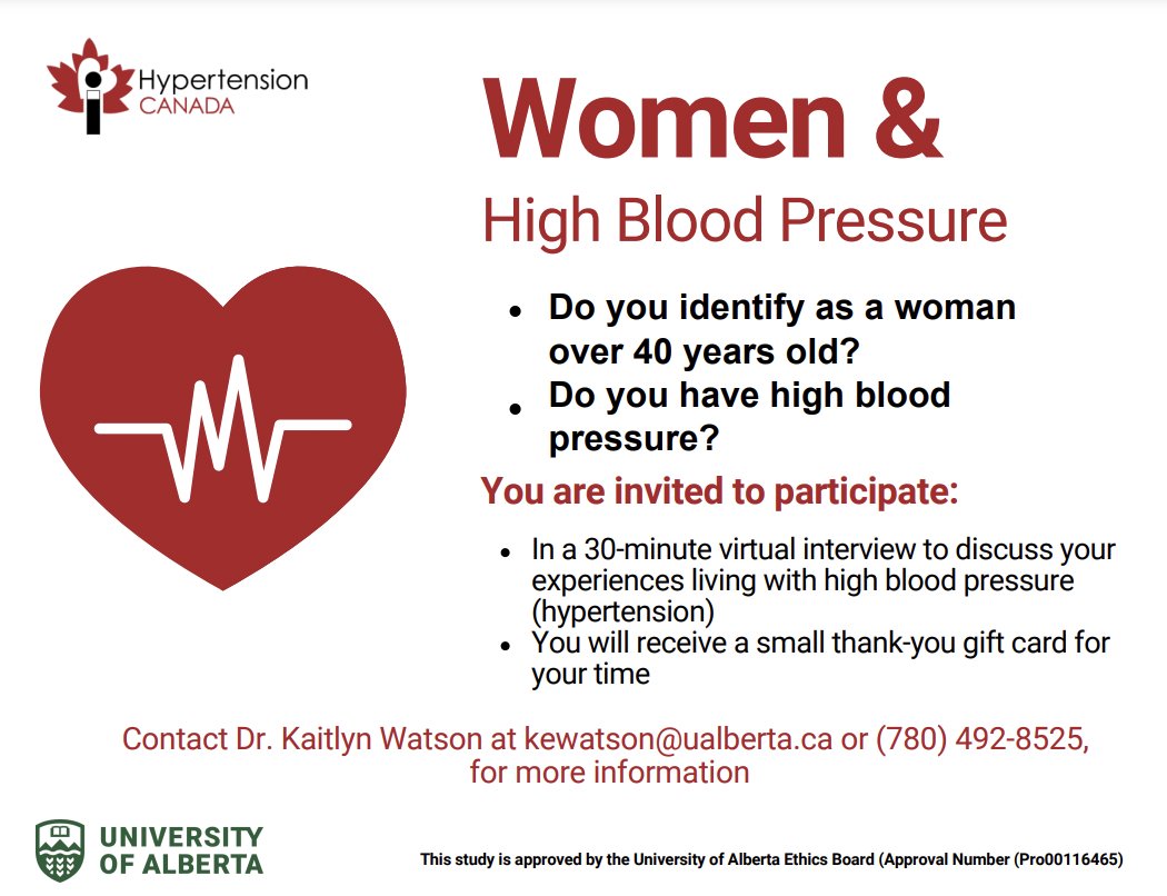 📢Recruiting women with high blood pressure, GPs, NPs, LPNs and RNs working in primary care! Researchers at @UAlberta are studying the point of care and treatment process for women with high blood pressure attending family physician clinics🩺 Get involved➡️kewatson@ualberta.ca