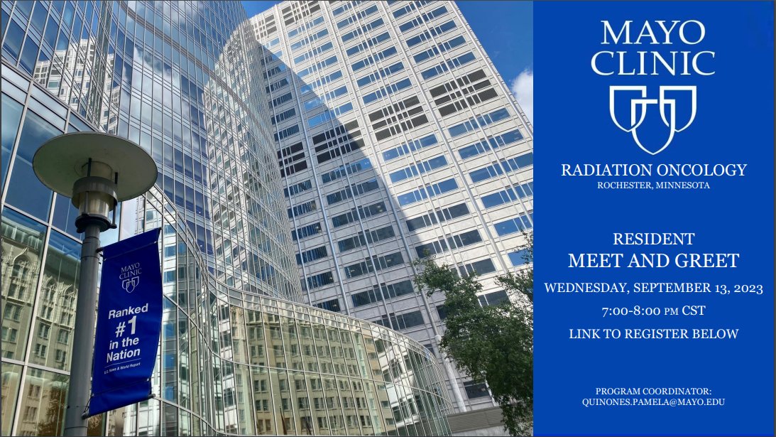 Hey #medtwitter and prospective #radonc residents! Residency application season🍂is just around the corner!

Come to our virtual Meet &amp; Greet to learn more about the awesome opportunities at Mayo RadOnc!

📅Sept 13
⌚7pm CST (8pm EST)
✏Register 👇🏽!
mchealth.zoom.us/meeting/regist…