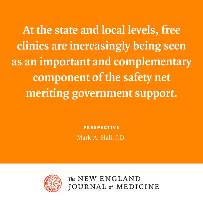 NEJM's tweet photo. Free clinics can help overcome financial and logistic barriers to care. But stable and predictable funding, as well as a better understanding of such clinics and their work, is required. Read the Perspective by Mark A. Hall, J.D.: https://t.co/9NWPJPsnCg