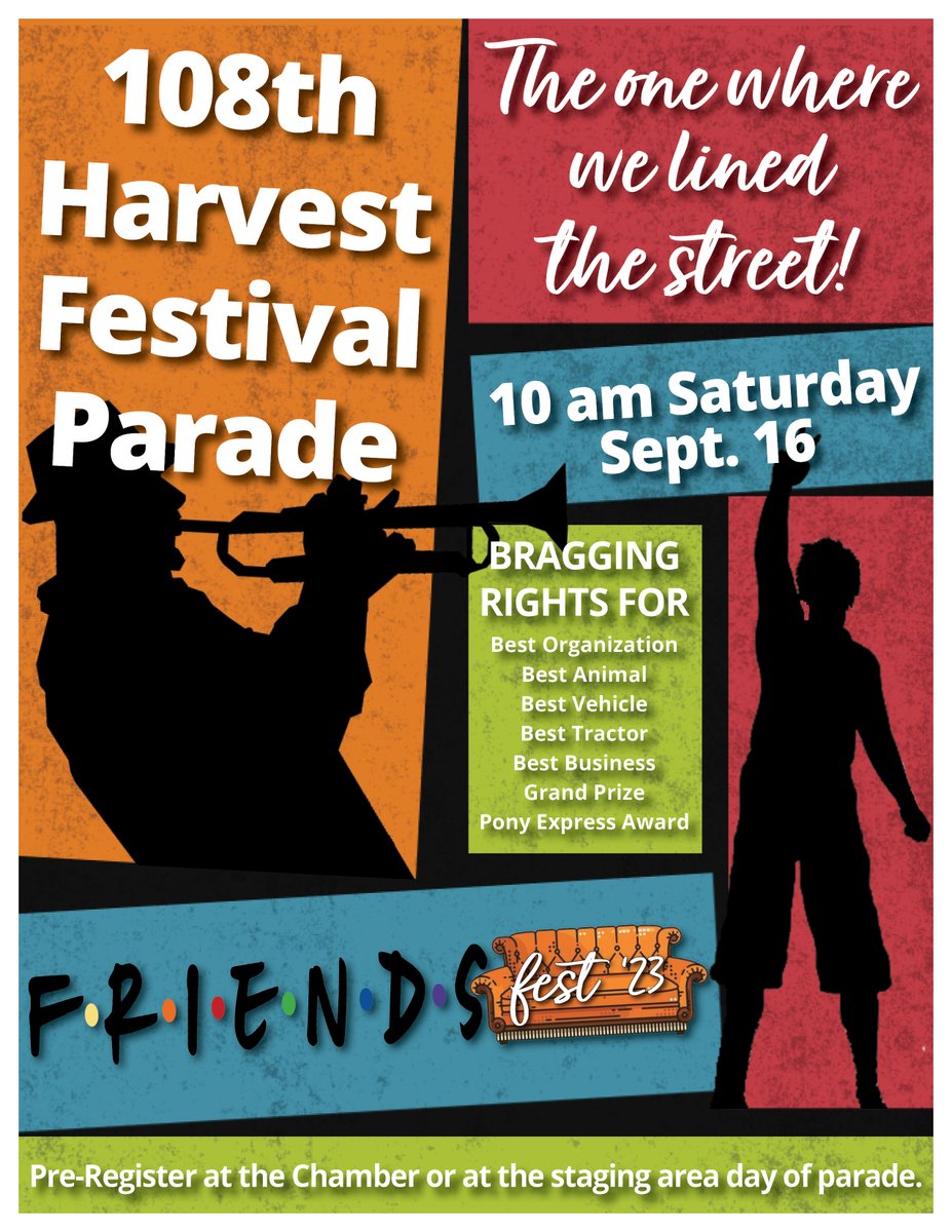 The Harvest Festival parade is always one of the biggest events of the weekend. With the "FRIENDS Fest" theme, it should be easy to put together a parade entry this year. Pre-register at the Chamber or show up on parade day. Let's make this year's parade the best yet!