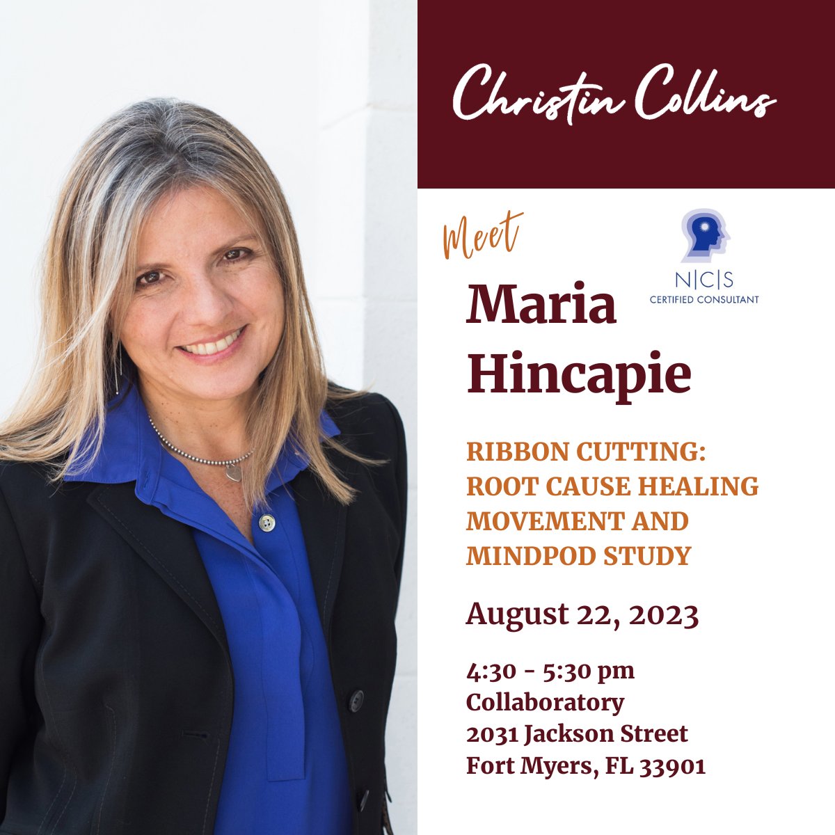 gaillamarche's tweet photo. Join @ChristinCollins on 8/22/23 as she welcomes Maria Hincapie for the #MindPod and Root Cause Healing Movement Ribbon Cutting.

She brings a fresh perspective to the next generation of stress reduction!

https://t.co/Fh7QQDQ2AR

#stressreduction #swfl #joy #burnout https://t.co/WHW6Y6sWC6