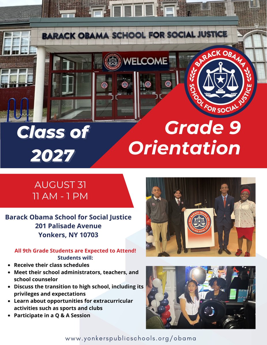 BarackObamaYPS's tweet photo. 📅 Date: August 31
🕒 Time: 11:00 AM - 1:00 PM
📍 Location: Barack Obama School for Social Justice

9th grade students, mark your calendars for our upcoming 9th grade orientation. Orientation day is your golden ticket to getting acquainted with high school. #ClassOf2027 https://t.co/7LN2lnU8HH