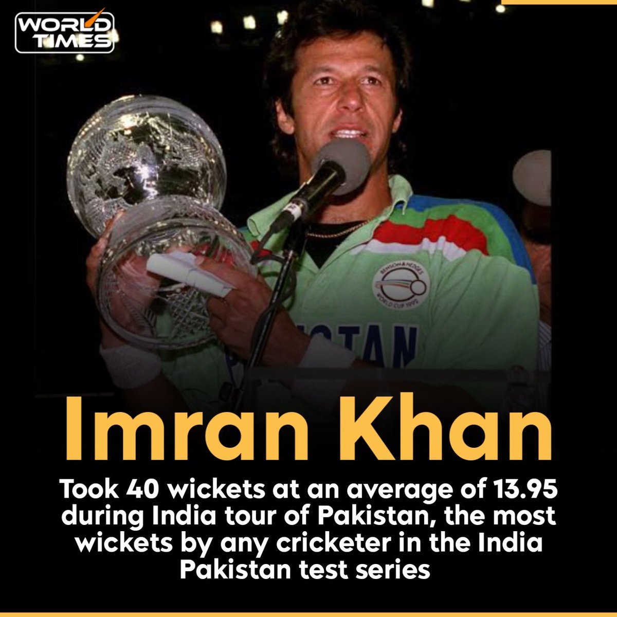 WorldTimesWT's tweet photo. The former Pakistan captain is also the leading wicket-taker in a single India-Pakistan series. During India's tour of Pakistan, Imran Khan bagged 40 wickets at an average of 13.95 with 11/79 his best at Faislabad. During the course of the series, the speedster picked up four fifers, and two times he ended with a ten-wicket haul.

#Pakistan #ImranKhan #CricketHistory #CricketTwitter