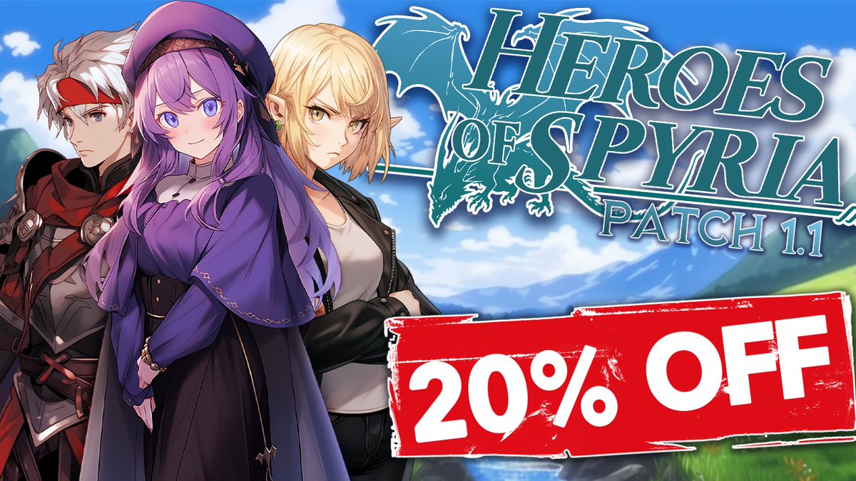 In honor of the new 1.1 patch, Heroes of Spyria is 20 percent off for the next week! There's NEVER been a better time to experience all Spyria has to offer.

#rpg #JRPG #indiegame #IndieGameDev #steam #pixelart #indiewatch #retrogames #HeroesOfSpyria