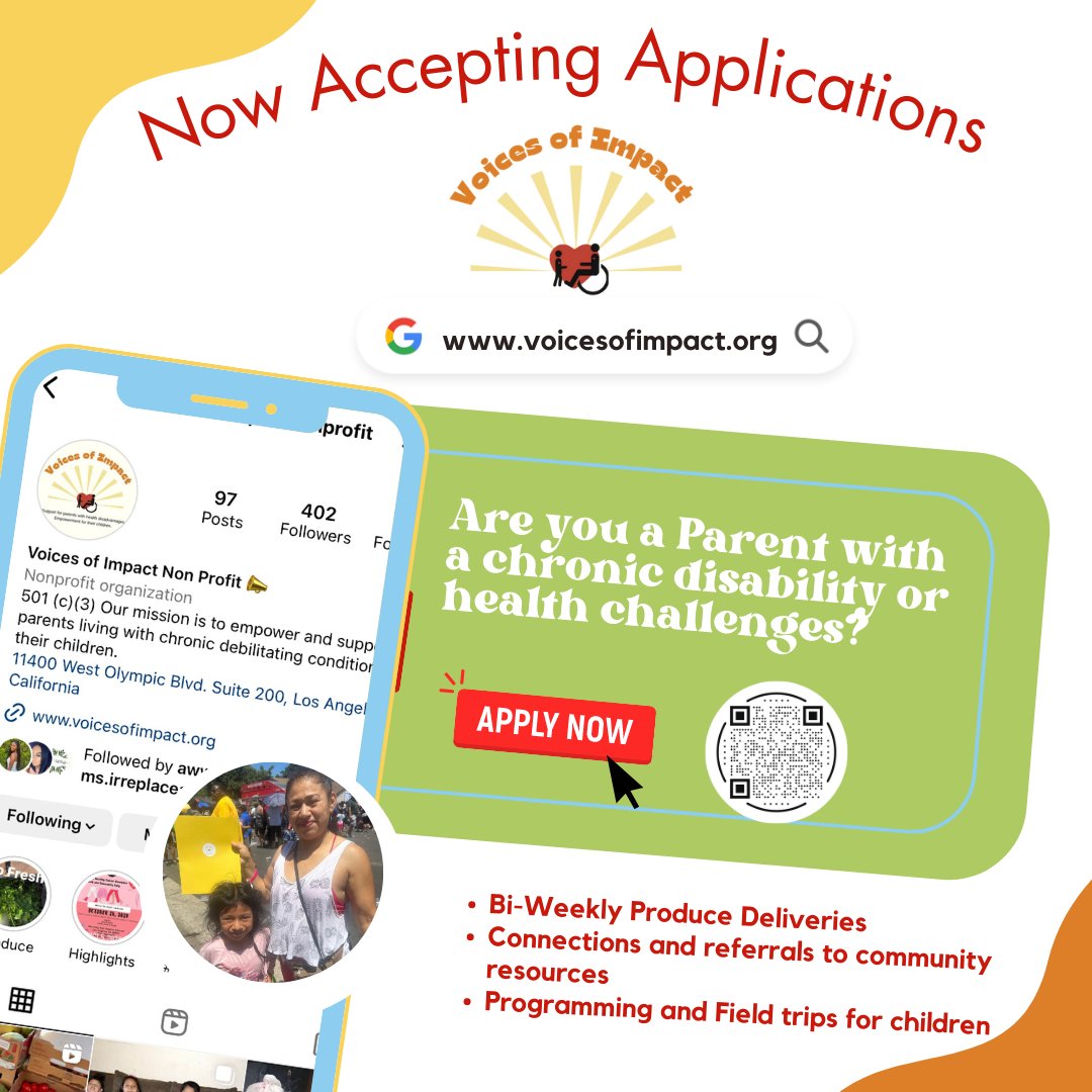 Are you a parent or guardian living with a disability or chronic health disadvantage? We would like to help you! We are now enrolling!  
If interested, please scan the QR code on the flyer :) 

#wattsnonprofit #disabledparenting #losanglesnonprofit #voicesofimpact