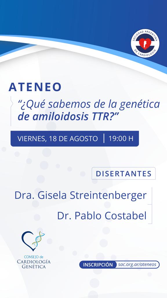 Viernes 18 de Agosto 19 h 
Ateneo : "🧬en amiloidosis"
➡️inscripciones➡️sac.org.ar/evento/que-sab…
<a href="/jpcostabel/">Juan Pablo Costabel MD 🇦🇷</a> <a href="/GiselaStreiten1/">Gisela Streitenberger</a>