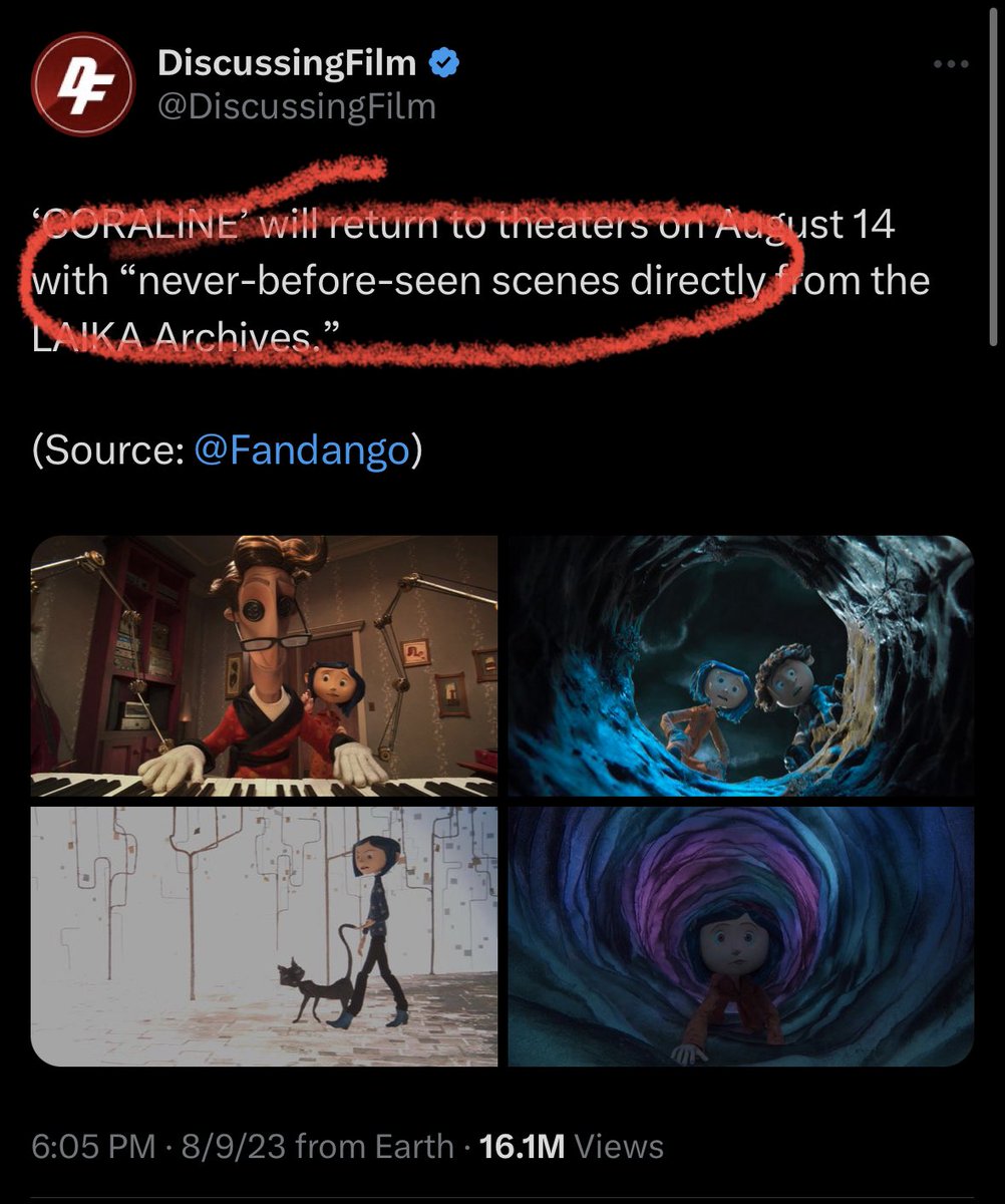 flaskspace's tweet photo. coraline was good, it was nice to see it in the theaters. but they were VERY misleading when they said “with never before seen scenes” no added scenes, there was a 15 interview thing about the animators. it was cool to see, but they made it seem like we were getting new stuff lol https://t.co/VMMQTFm0g6