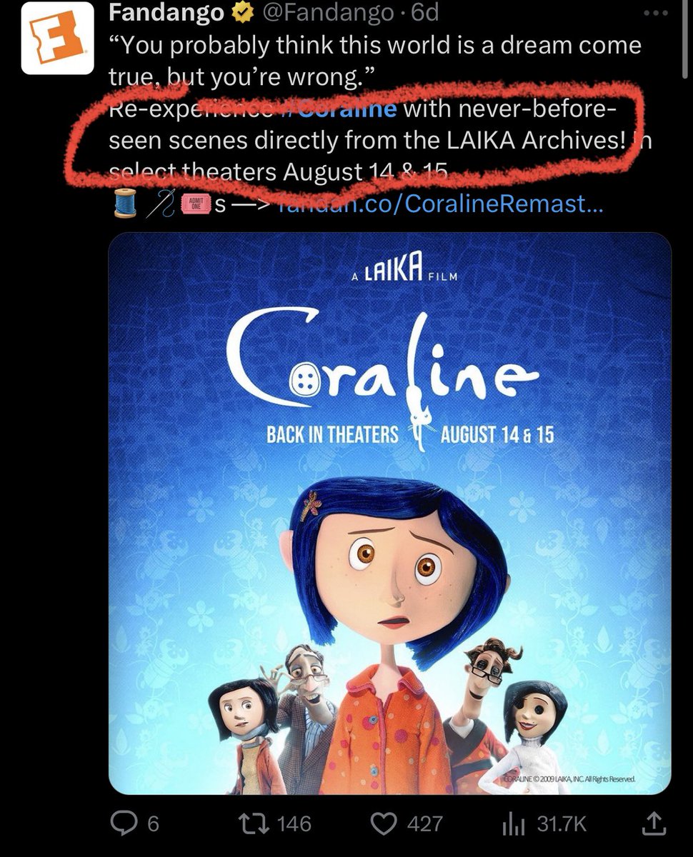 flaskspace's tweet photo. coraline was good, it was nice to see it in the theaters. but they were VERY misleading when they said “with never before seen scenes” no added scenes, there was a 15 interview thing about the animators. it was cool to see, but they made it seem like we were getting new stuff lol https://t.co/VMMQTFm0g6