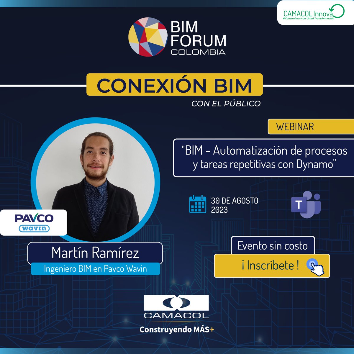 🔵🗓 #CamacolCapacita | Conexión BIM con el público regresa el próximo miércoles 30 de agosto para aprender sobre el uso de nuevas tecnologías y desarrollos en empresas proveedores de materiales.
Espacio gratuito de #BIMForumColombia

Inscríbete aquí👉🏻conecta.camacol.info/presidencia.ht…