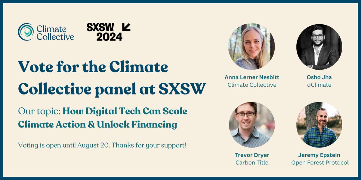 Please vote for our panel at SXSW so we can spread the word about how digital technology (AI, ML, blockchain) is helping scale climate action!

We'll be joined by friends <a href="/dClimateDAO/">dClimate</a> <a href="/OpenForest_/">Open Forest Protocol (OFP)</a> <a href="/Carbon_Title/">Carbon Title</a>

Thanks for your support. Vote here: panelpicker.sxsw.com/vote/134677