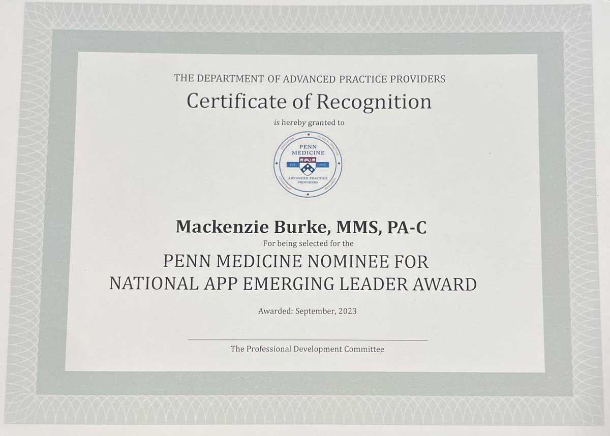 mackenzieaburke's tweet photo. Honored to be the @APPennMed nominee for the @NationalAPPweek Emerging Leader Award! Thank you to the Awards Committee &amp; my team for surprising me! @Penn_Transplant https://t.co/UxgB8talM7