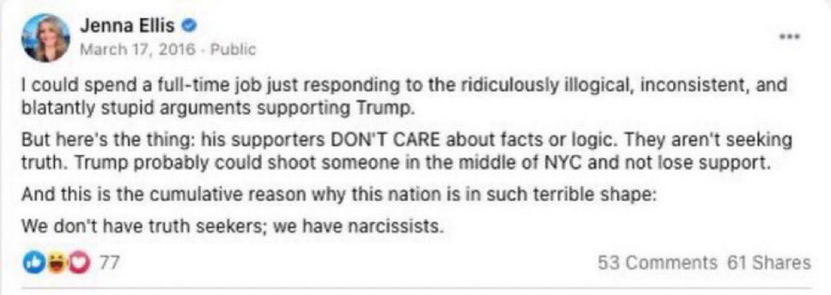 LauraLoomer's tweet image. Professional liar and Trump backstabber Jenna Ellis was indicted last night. 

For the last several months, she has been attacking Donald Trump online with @TeamDeSantis. She betrayed Donald Trump (I personally think she intentionally sabotaged him because I can’t fathom how…