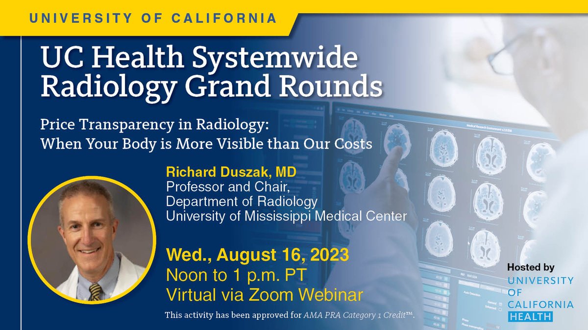 Tomorrow, 8/16/2023, GRAND ROUNDS with Dr. Richard Duszak from 12pm to 1pm PT. 

You can find the Calander and Zoom invite in the link below:

ow.ly/6gFk50Pzwn1

#Radiology #UCHealth #GrandRounds <a href="/UCI_Neurorads/">UCI Neuroradiology</a> <a href="/UCIradres/">UCI Radiology Residency</a>