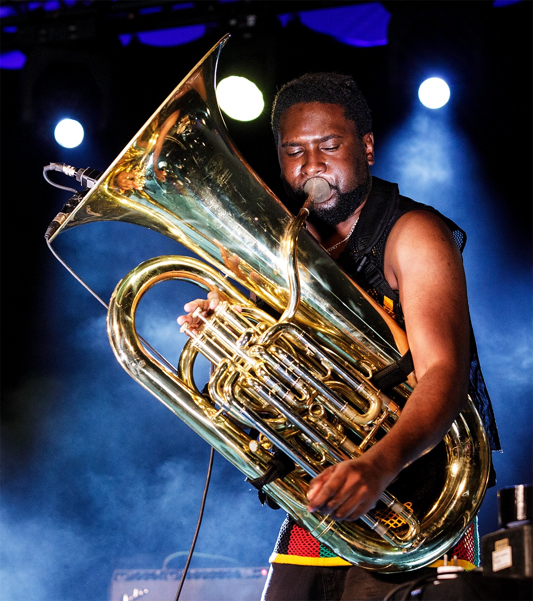 Johnny Tuba'd? - @TheonCross performing on the Charlie Gillett Stage @WOMADfestival last month. As for my title? Does a pun still count as a pun if almost no one gets it? 🤔 I'm riffing on the John Martyn song, Johnny Too Bad. 🤓 #WOMAD2023