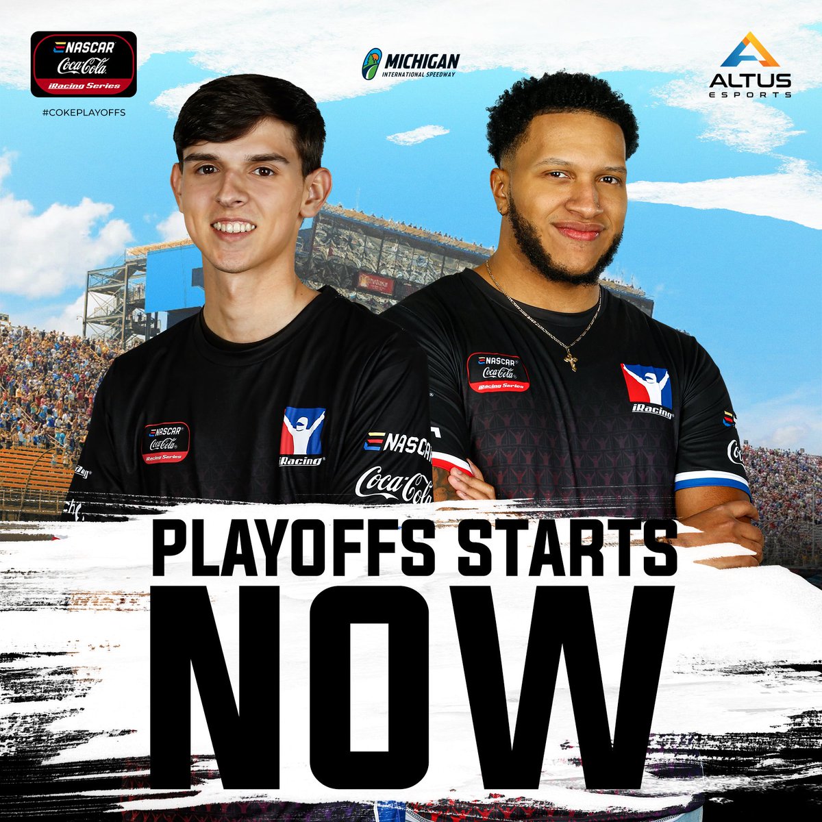 The scene is set and the eNASCAR Coca-Cola @iRacing Series kicks off at 9PM ET today from @MISpeedway. We're proud to have rookies @TuckerMinter and @JordyL0pez as part of the playoffs puzzle. Let's go get it! 👊 #WeAreAltus @realVRS @Altus_Engineer