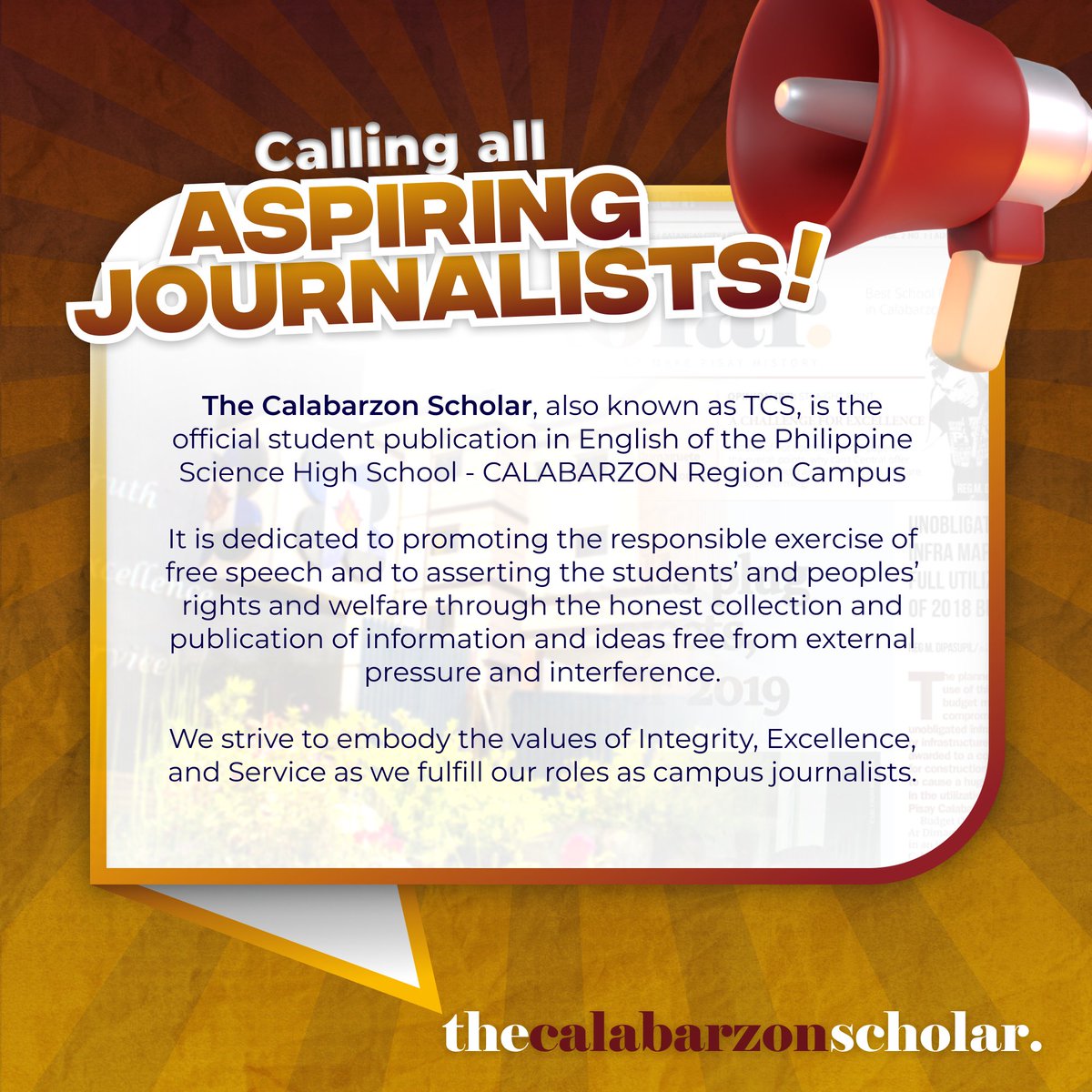 SApshscbzrc's tweet photo. 🔔 | 𝗢𝗿𝗴 𝗦𝗽𝗼𝘁𝗹𝗶𝗴𝗵𝘁! [8/8]
The Calabarzon Scholar

One of the two publications on campus, The Calabarzon Scholar delivers news in the community, while aiming to ignite students' passions in English journalism.

☀️

#ThingsToKnowInCALABARZone
#OrgsInPisayCalabarzon2324 https://t.co/dWPw5VuFpC