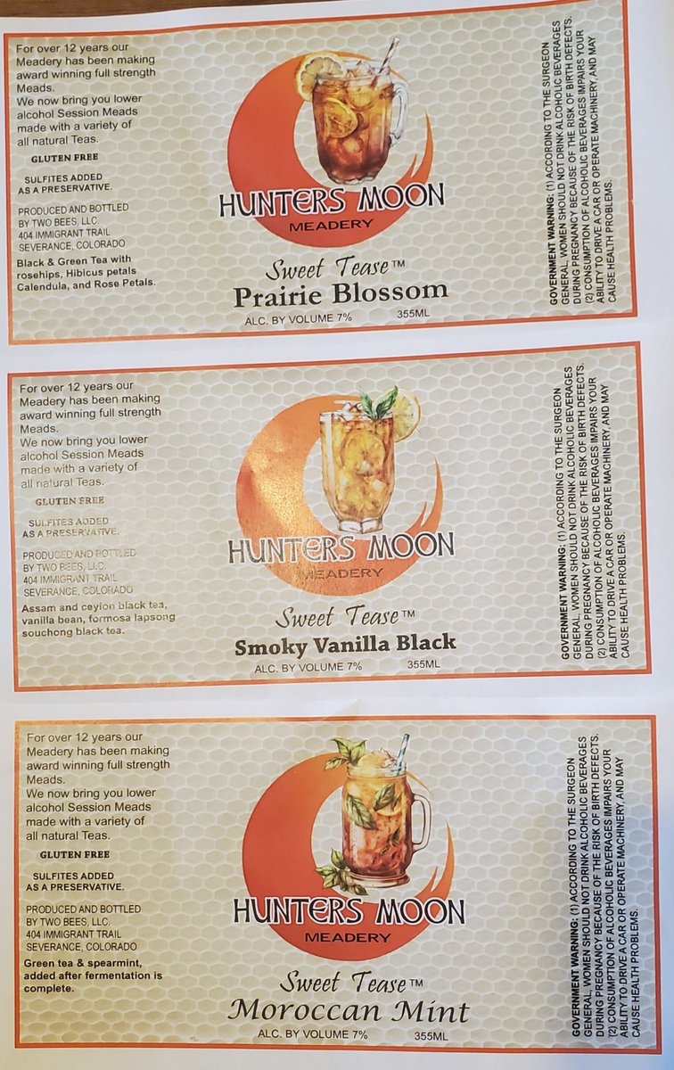huntersmoonmead's tweet photo. New labels for New Meads! #SessionMeads that is! 6.5%ABV, Carbonated, Tea infused #Mead https://t.co/ZxlQGq76ls