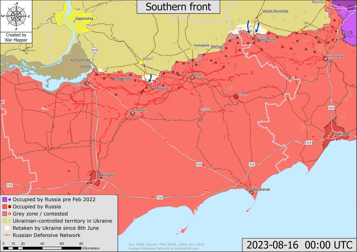 War_Mapper's tweet image. Updates:

The settlement of Robotyne is now contested after Ukraine entered from the northeast.

Ukraine made additional progress to the east and northwest of Robotyne.