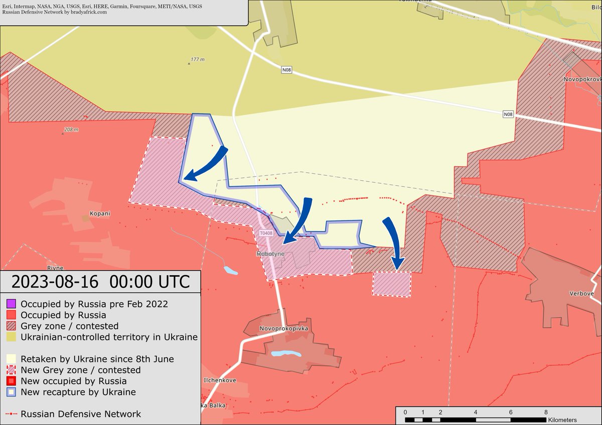 War_Mapper's tweet image. Updates:

The settlement of Robotyne is now contested after Ukraine entered from the northeast.

Ukraine made additional progress to the east and northwest of Robotyne.
